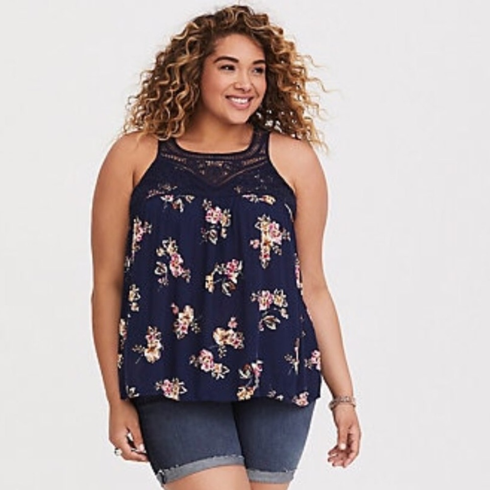 Torrid Navy Blue Floral Crochet Guaze Tank Top 1X